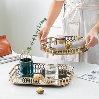 Khay Pha Lê Tráng Gương Chữ Nhật Viền Mạ Vàng Đựng Mỹ Phẩm Decor Trang Trí Cam Homeware
