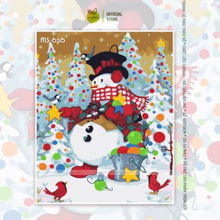 Tranh số hóa tự tô có khung 40x50cm người tuyết bên cây thông đèn màu T626