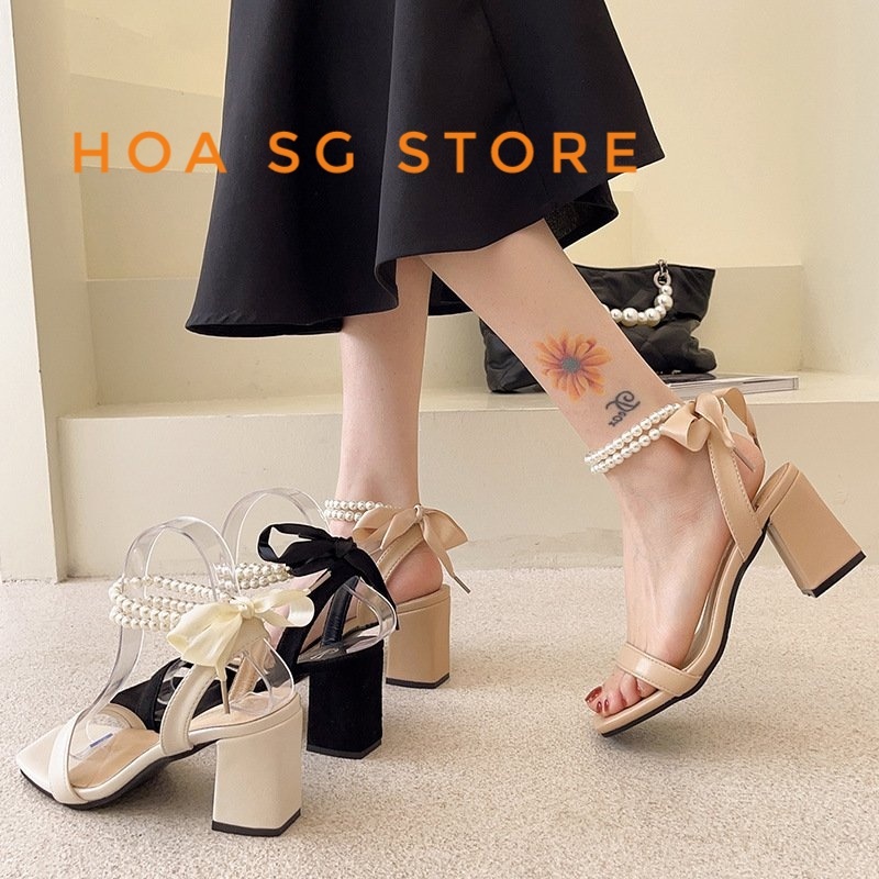 Giày Cao Gót Nữ Đế Vuông Thắt Nơ Lụa Gót Cao 5Cm, Giày Sandal Quai Ngang 5  Phân Quai Ngọc Công Sở Bánh Bèo Tiểu Thư | Shopee Việt Nam