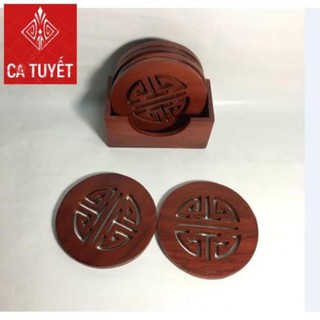 BỘ LÓT LY GỖ HƯƠNG ĐỎ 6 CHIẾC ĐỤC KHẮC CHỮ PHÚC - MẪU TRÒN (ẢNH THẬT 100%)