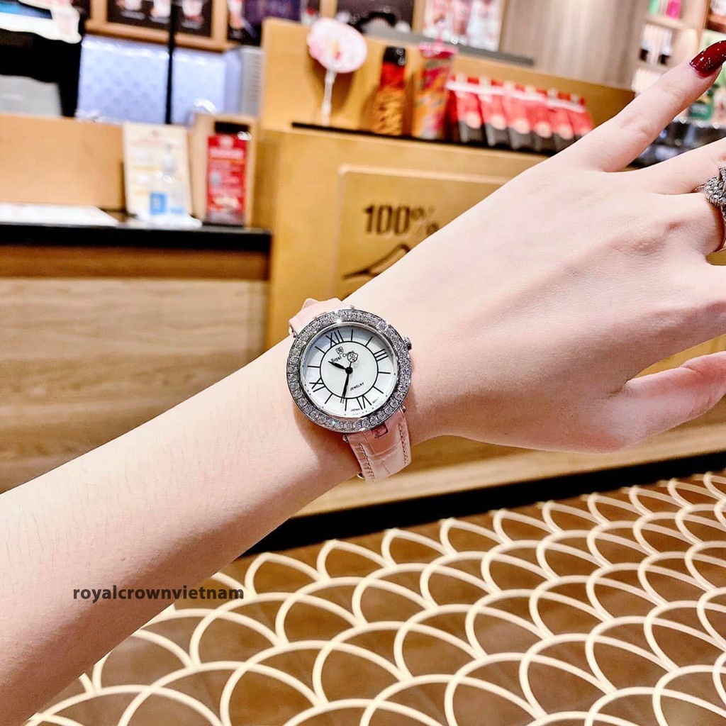 Đồng hồ nữ chính hãng dây da Royal Crown 4632 chống nước, đính đá cao cấp, đeo tay đẹp, sang chảnh