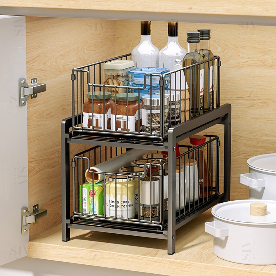 SIV Kệ Gia Vị Đa Năng, 2 Tầng, Kệ hình chữ L được thiết kế ngăn kéo trượt thông minh
