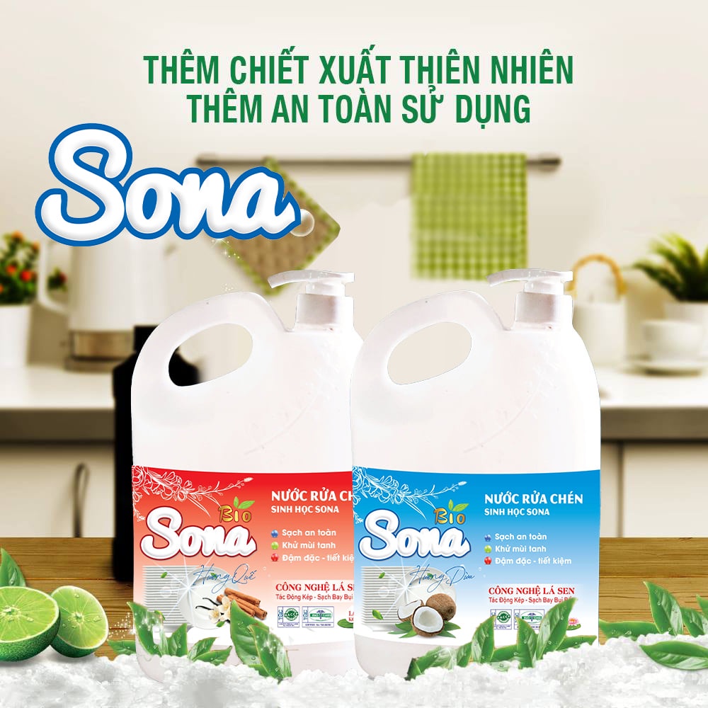 Dầu rửa bát siêu tốc, nước rửa chén bát sinh học Sona, Thành Phần Hữu Cơ 100% 1.6L Thân Thiện Với Môi Trường