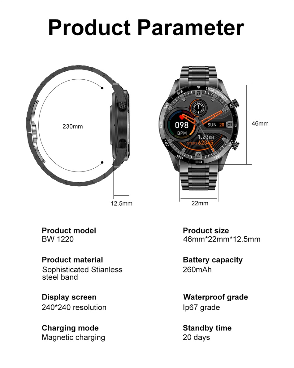Mô tả Đồng hồ thông minh LIGE Nam Cuộc gọi Bluetooth Thể thao chống nước Theo dõi sức khỏe Màn hình cảm ứng toàn diện - 12
