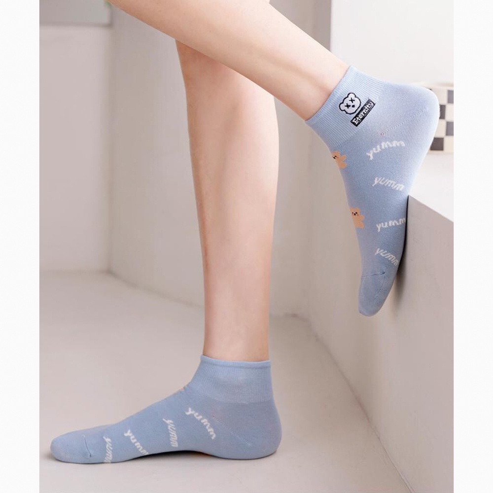Tất nữ cổ ngắn vải cotton co giãn tốt chống hôi chân họa tiết dễ thương set 5 đôi màu trắng xanh - Ekiu Shop