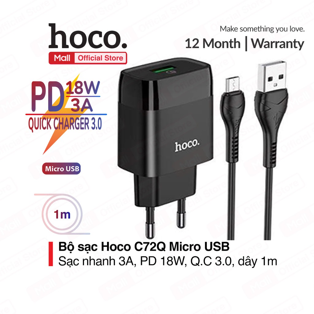 Bộ sạc Hoco C72Q MIcro USB, hỗ trợ sạc nhanh 3A, PD 18W, tương thích ...