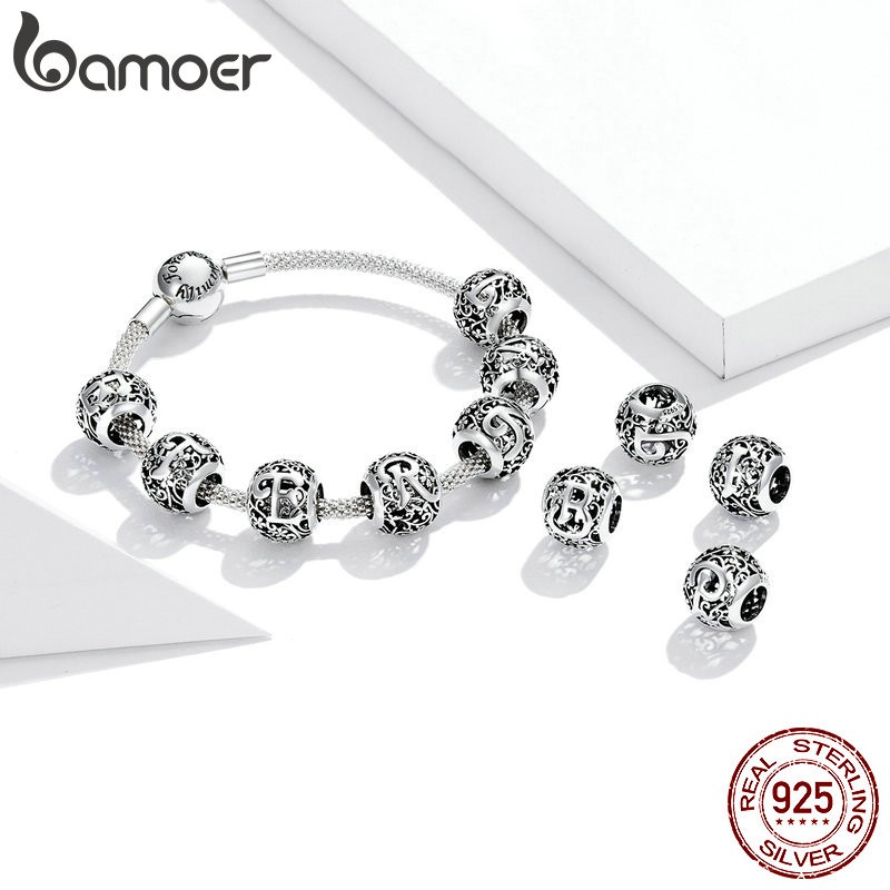 Hạt charm BAMOER SCC1444 bạc 925 kiểu 26 chữ trang trí thủ công DIY
