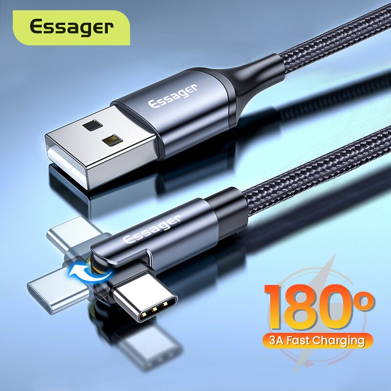 Dây Cáp Dữ Liệu Essager Micro USB USBC Type C Sạc Nhanh 3A Xoay 90 Độ Cho Điện Thoại Di Động Xiaomi Samsung