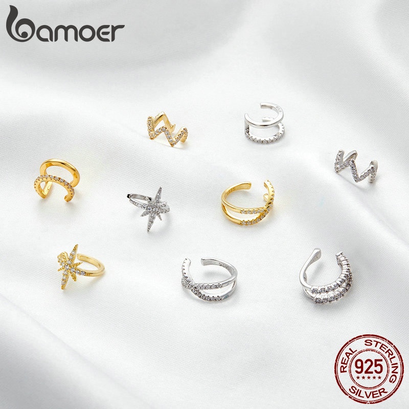 Bông tai bạc Bamoer 925 Kẹp 1 mảnh Trang sức màu vàng đơn giản dành cho nữ