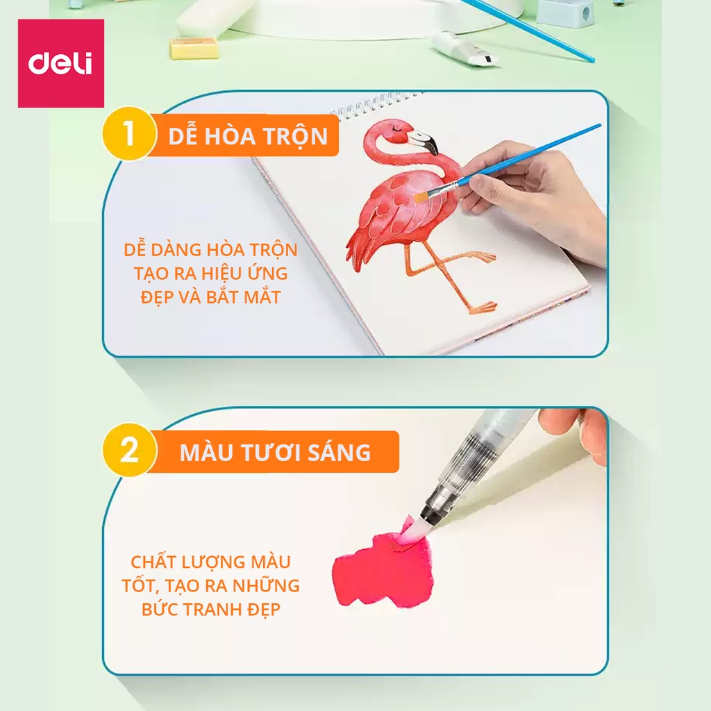 [Hộp Thiếc] Bộ Màu Nước Dạng Nén Tặng 8 Dụng Cụ Deli - 24/36/48 Màu Sắc Tươi Sáng Solid Water Color Tô Màu, Vẽ Tranh