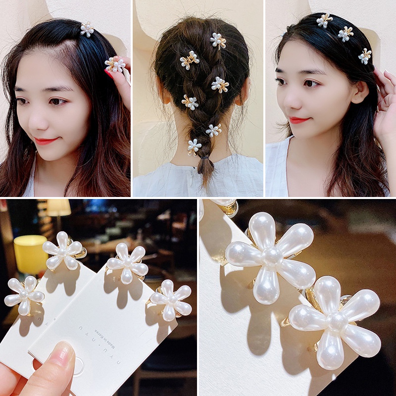 Kẹp tóc mini hoa ngọc trai nhân tạo phong cách vintage Pháp thanh lịch cho nữ