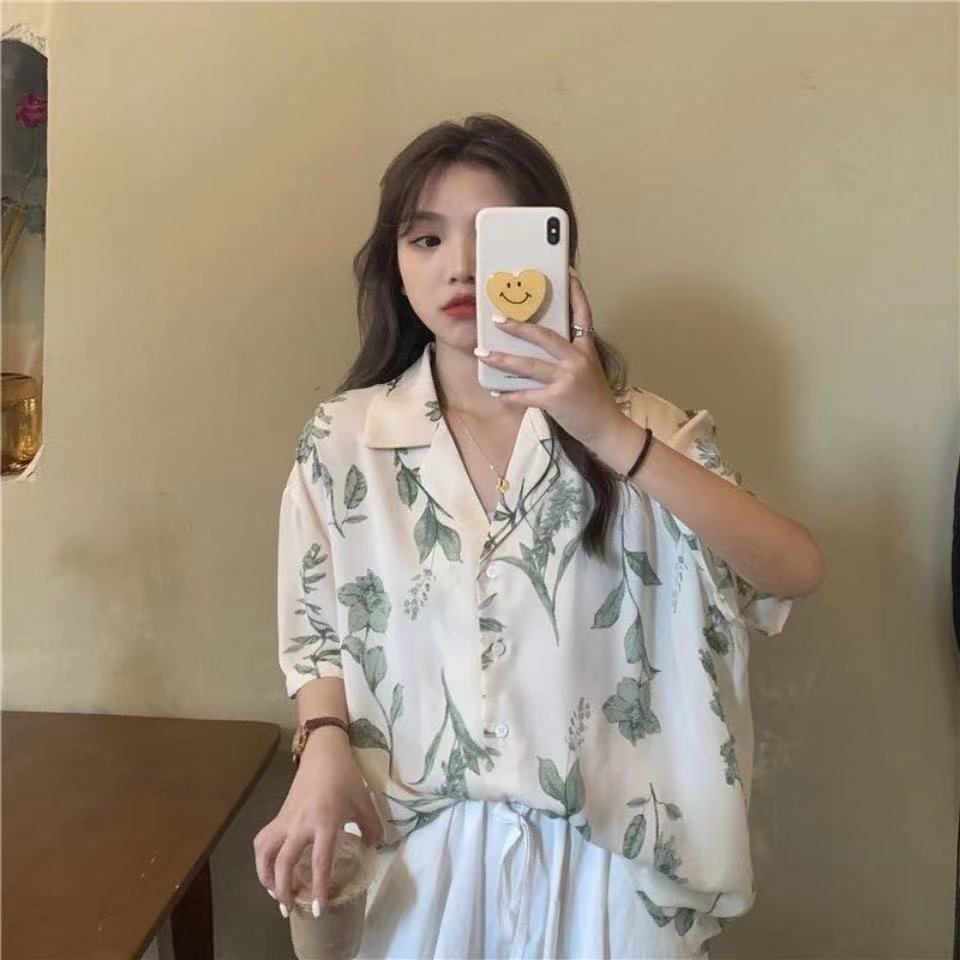 SUXI Áo sơ mi nữ tay ngắn dáng rộng in họa tiết thời trang cá tính trẻ trung kiểu Hàn Quốc