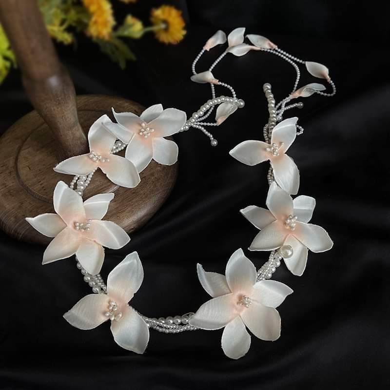 Bộ cài tóc cô dâu hoa vải lụa phối hạt ngọctrai cao cấp, phụ kiện cài tóc cô dâu, phụ kiện cưới