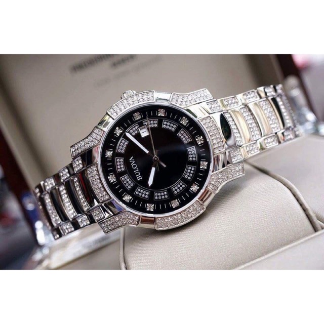 ng h Nam Bulova chinh hang 96B176 Crystal Black Dial Stainless Steel Watch Shopee Vi t Nam