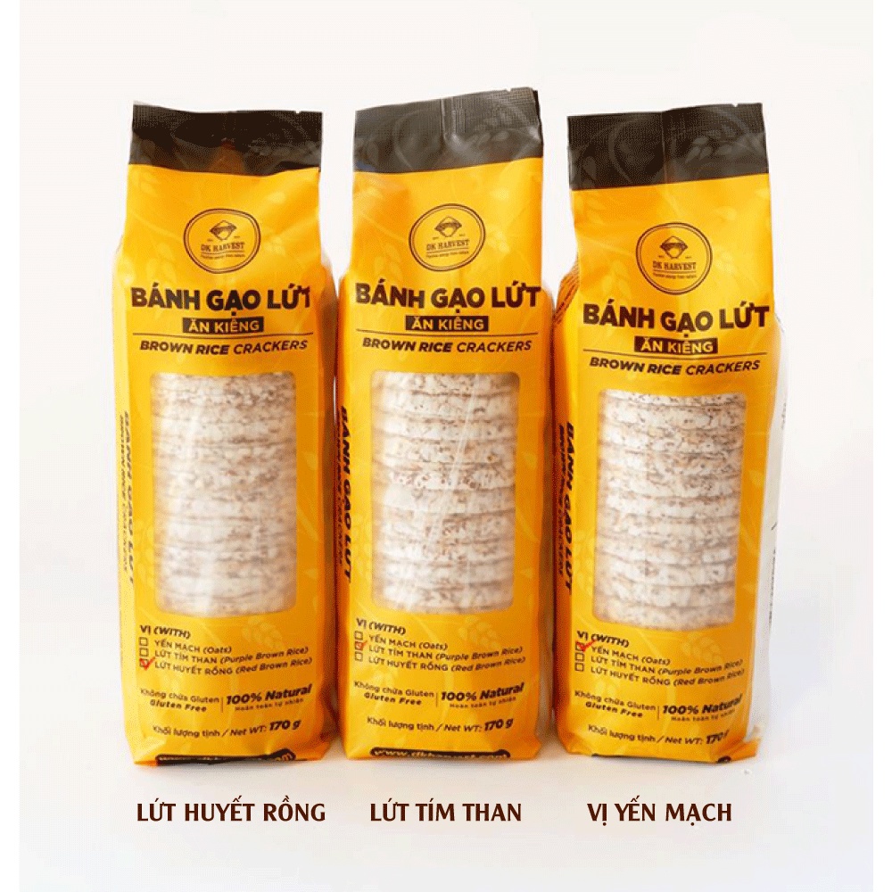 Mô tả Bánh Gạo Lứt Ăn Kiêng Giảm Cân DK Harvest (170g/18 bánh) - 3 Vị (Lứt Huyết Rồng, Yến Mạch, Lứt Tím Than) - 3