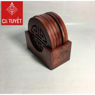 BỘ LÓT LY GỖ HƯƠNG ĐỎ 6 CHIẾC ĐỤC KHẮC CHỮ PHÚC - MẪU TRÒN (ẢNH THẬT 100%)