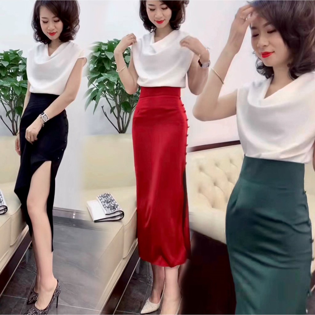 chân váy bút chì xẻ sườn 80cm phối cúc chất tuyết mưa cao cấp không bai không xù