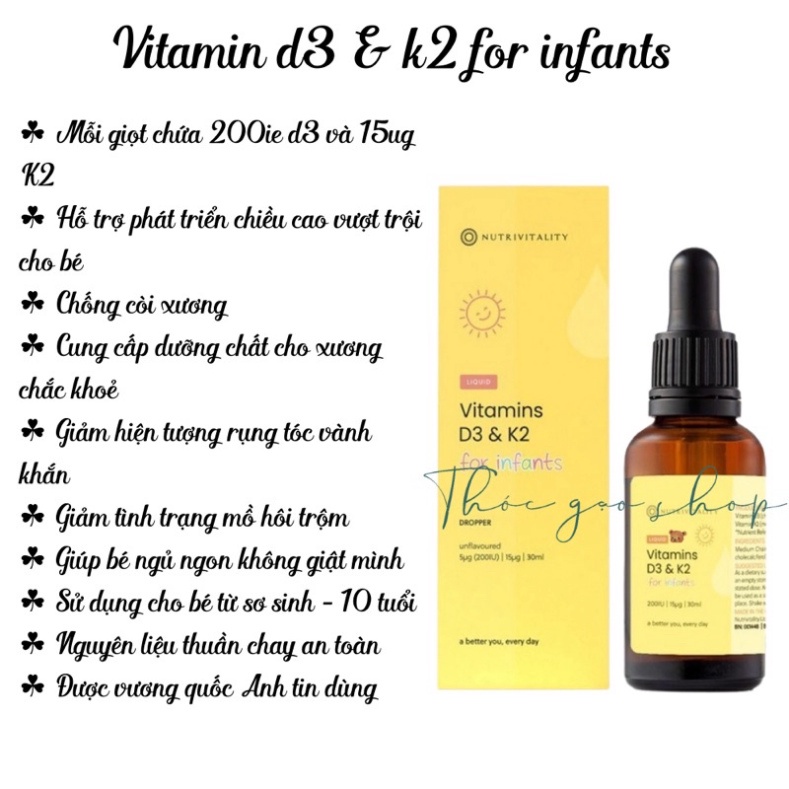 Vitamin D3 & K2 MK7 Anh Nutrivitality UK 30ml giúp phát triển hệ xương