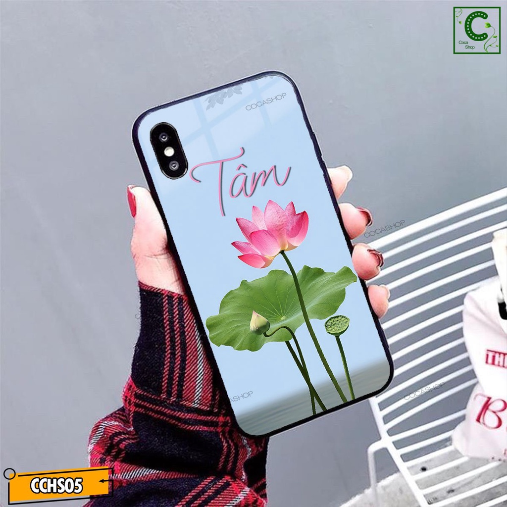 Ốp lưng iphone mặt kính in hình siêu nét  - Đóa sen chữ Tâm  - 6/6plus/6s/6splus/7/7plus/8/8plus/x/.....