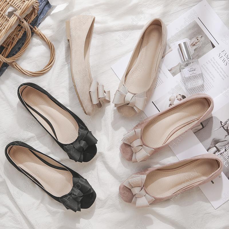 Size lớn 31-44✨2021 Nông Miệng Mũi Vuông Nhẹ Nhàng Giày Dạ Hội Phù Hợp Với Tất Cả Trận Đấu Bằng Cổ Tích Đậu Hà Lan Giày Nơ Nữ Đế Bằng Thoải Mái Kích Thước Lớn Túi