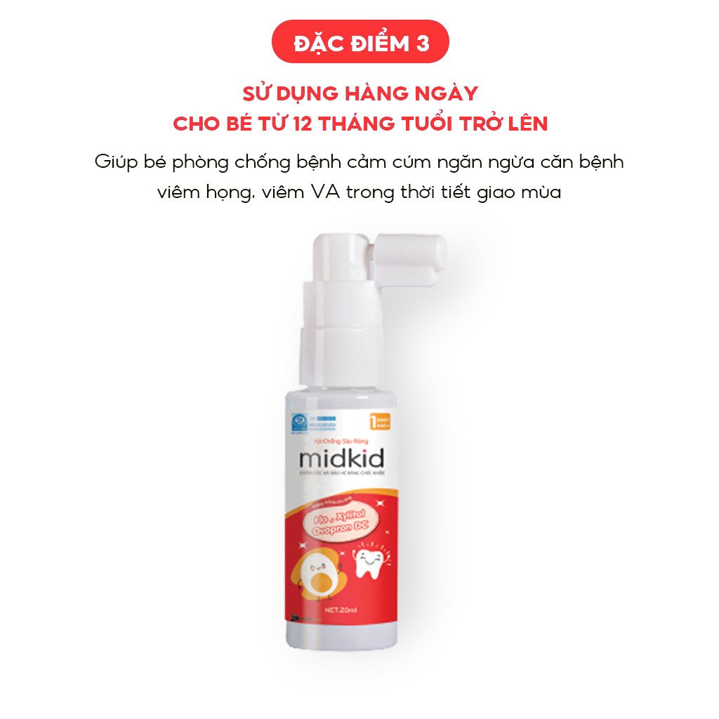 Xịt chống sâu răng MIDKID vị Táo 20ml cho bé từ 1 tuổi nuốt an toàn giúp làm sạch thơm khoang miệng, bảo vệ men răng