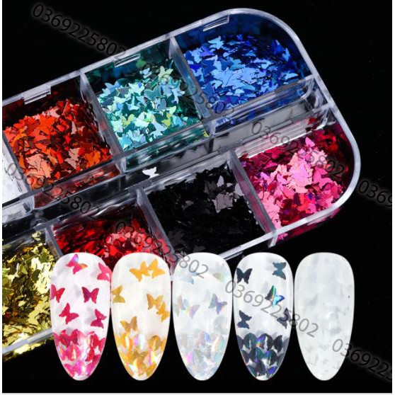 Khay 12 màu charm bướm trang trí móng