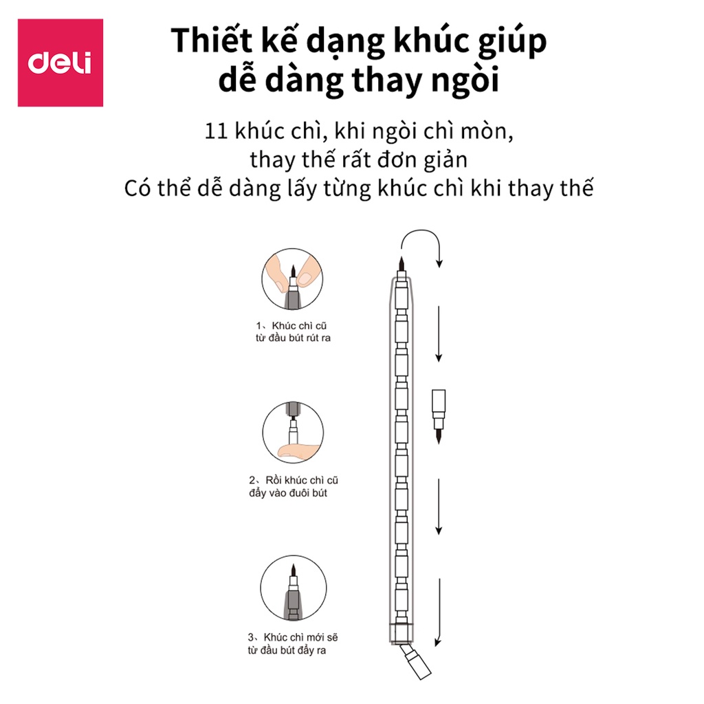 Bút chì khúc học sinh 2B HB Deli màu ngẫu nhiên có thể thay thế ngòi, an toàn cho trẻ em khi sử dụng