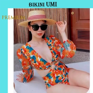 BIKINI 1 MẢNH TAY DÀI HỌA TIẾT LÁ VÀNG CAO CẤP BIKINISTORE