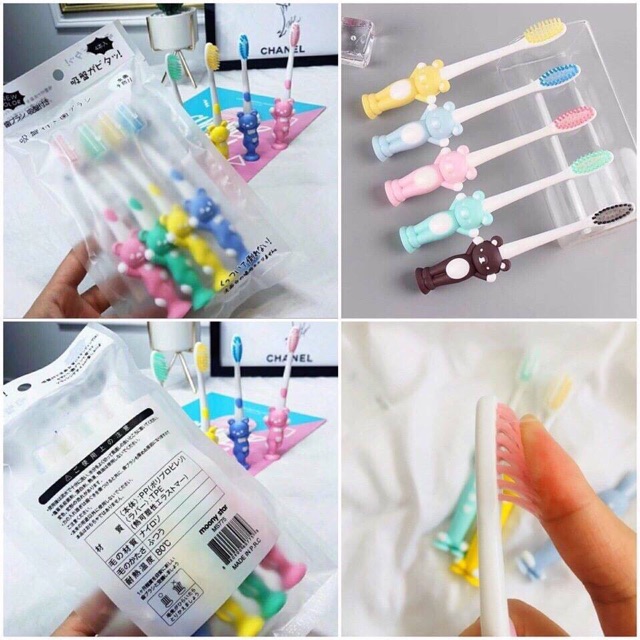 Set 4 bàn chải đánh răng hình gấu thỏ lông mềm cho bé có chân hít