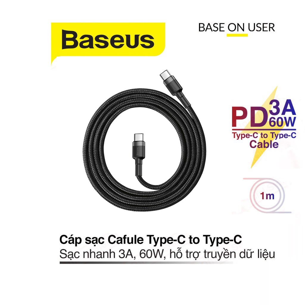 Cáp sạc nhanh 3A/60W Baseus Cafule Series Type-C to Type-C dây dù siêu bền dài 1M cho Android ( Đen Xám )