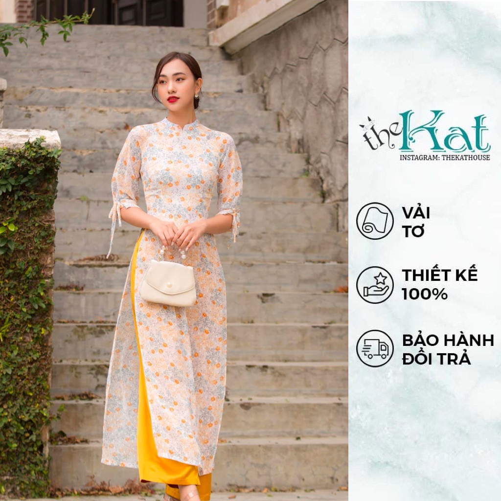 Set Áo Dài Tơ Hoa Nhí 2 tà kèm quần lụa The Kat House, tay cột dây dịu dàng, thanh lịch