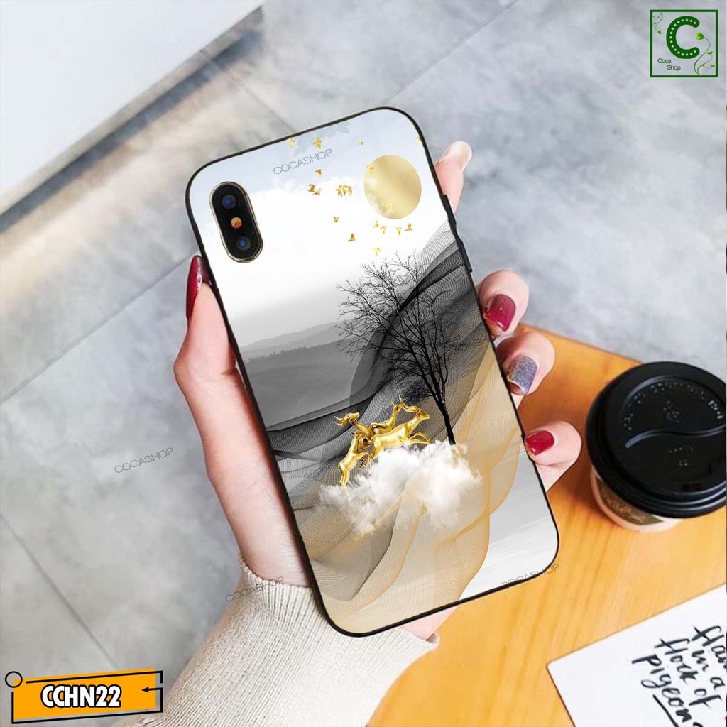 Ốp lưng iphone mặt kính cao cấp  - Hươu vàng tài lộc may mắn cưỡi mây - 6/6plus/6s/6splus/7/7plus/8/8plus/x/.....