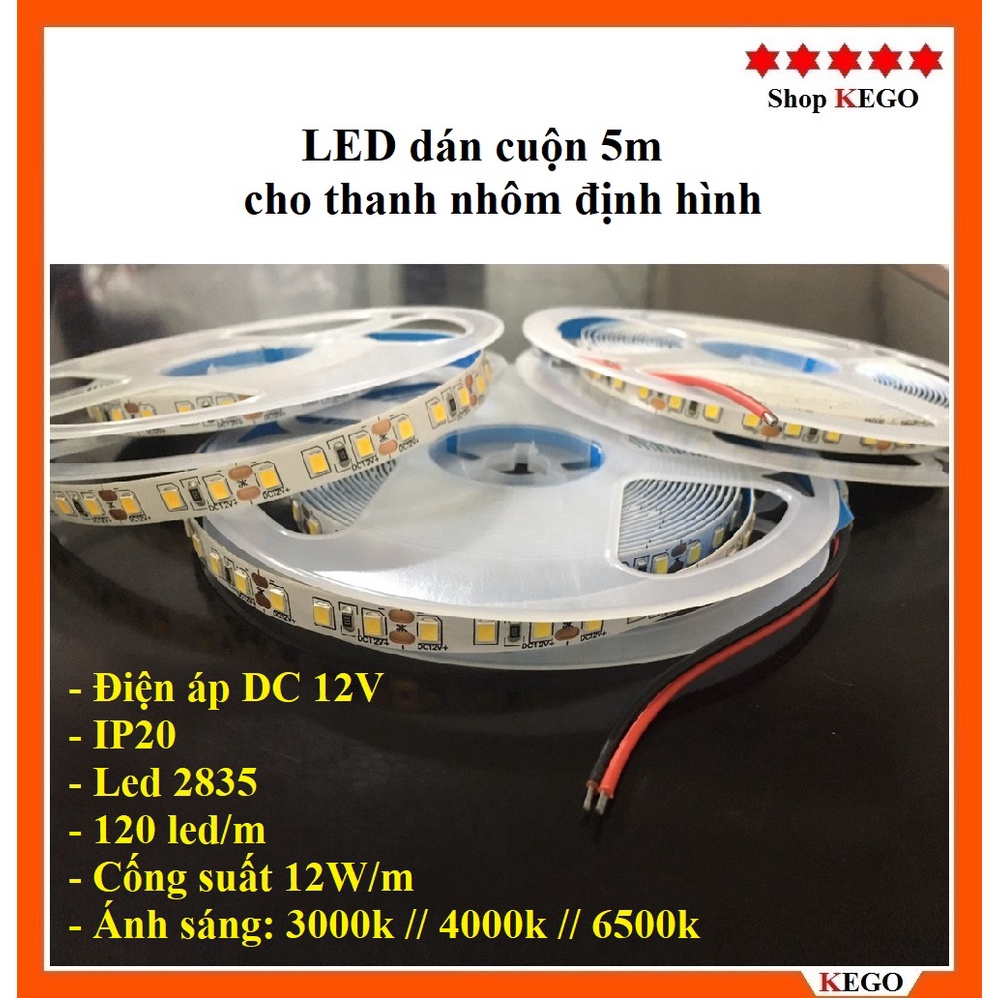 Dây Led dán thanh nhôm cuộn 5m chíp Led 2835 ánh sáng trắng, vàng ...