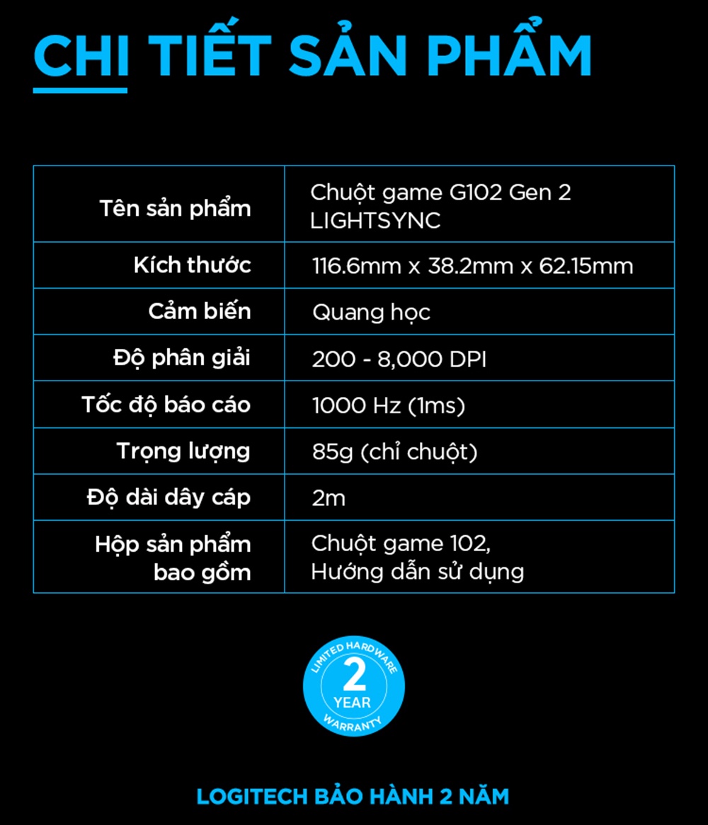 Mô tả Chuột gaming có dây Logitech G102 Lightsync - Tùy chỉnh RGB, 6 nút lập trình, nhẹ - 7