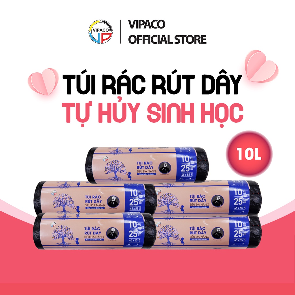 túi đựng rác rút dây tự hủy sinh học Vipaco, 5 cuộn túi rác rút dây ...