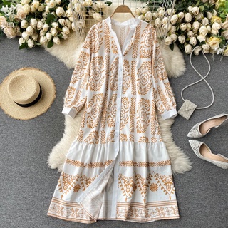 Đầm Maxi Tay Dài Dáng Rộng In Họa Tiết Hoa Phong Cách Hàn Quốc Thời Trang Mùa Hè Xinh Xắn Cho Nữ