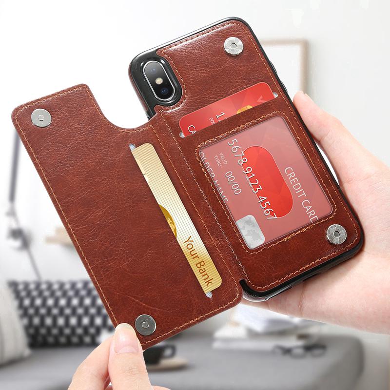 Bao da PU nắp gập có khe đựng thẻ/tiền kiêm giá đỡ cho iPhone 6 6S 7 8 Plus X 11 Pro Max