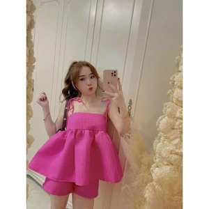 Set áo babydoll phồng, áo hai dây cột, quần short cho nữ mặc đi chơi, màu siêu xinh, phong cách tiểu thư, dễ thương