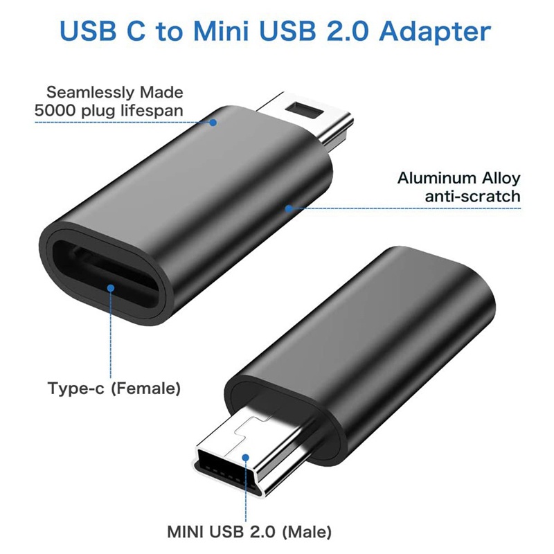 USB C sang Mini USB 2.0 Adapter Loại C Nữ sang Mini USB Nam Chuyển Đổi Adapter Cho GoPro MP3 Người Chơi Dash Cam, Đen