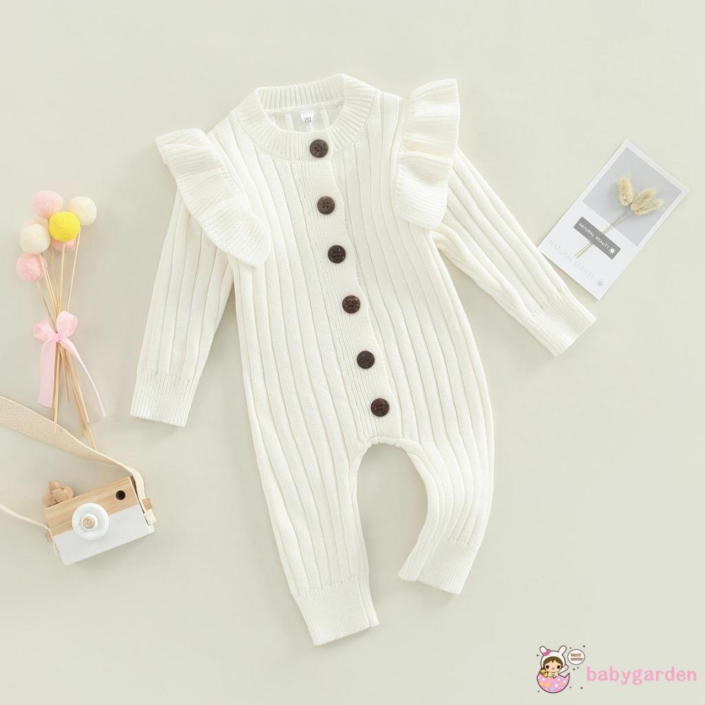 Áo Liền Quần Dệt Kim Tay Dài Cổ Tròn Màu Trơn Thời Trang Cho Bé Gái 0-18 Tháng Tuổi