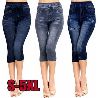 Thời Trang Nữ Giả Jean In Capri Quần Legging Co Giãn Cổ 3 / 4 Quần Skinny Plus Size