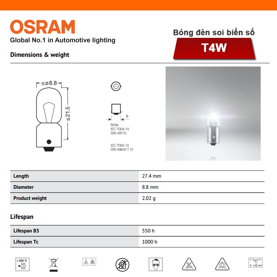 Combo 10 Bóng Đèn Soi Biển Số OSRAM Original T4W 24V 4W