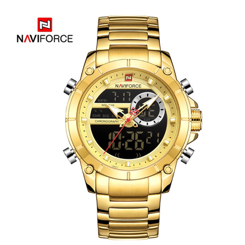 NAVIFORCE NF9163s Nam Thể thao Thời trang Vàng Dây đeo bằng thép không gỉ Đồng hồ kỹ thuật số tương tự