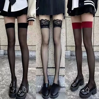 Vớ Lưới Dài Qua Gối Trong Suốt Viền Đỏ Phong Cách Lolita Gothic Punk Gợi Cảm Cho Nữ