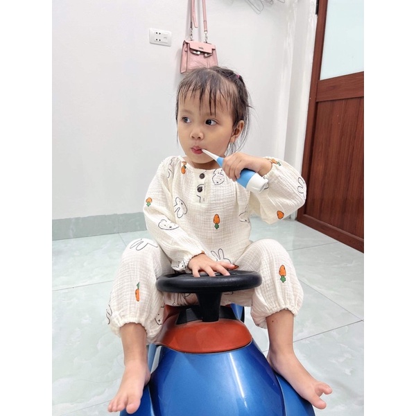 Bộ quần áo dài tay thu đông cho bé trai bé gái,DT cổ tròn cho bé mặc nhà vải xô muslin cho bé từ 5-15kg TNB