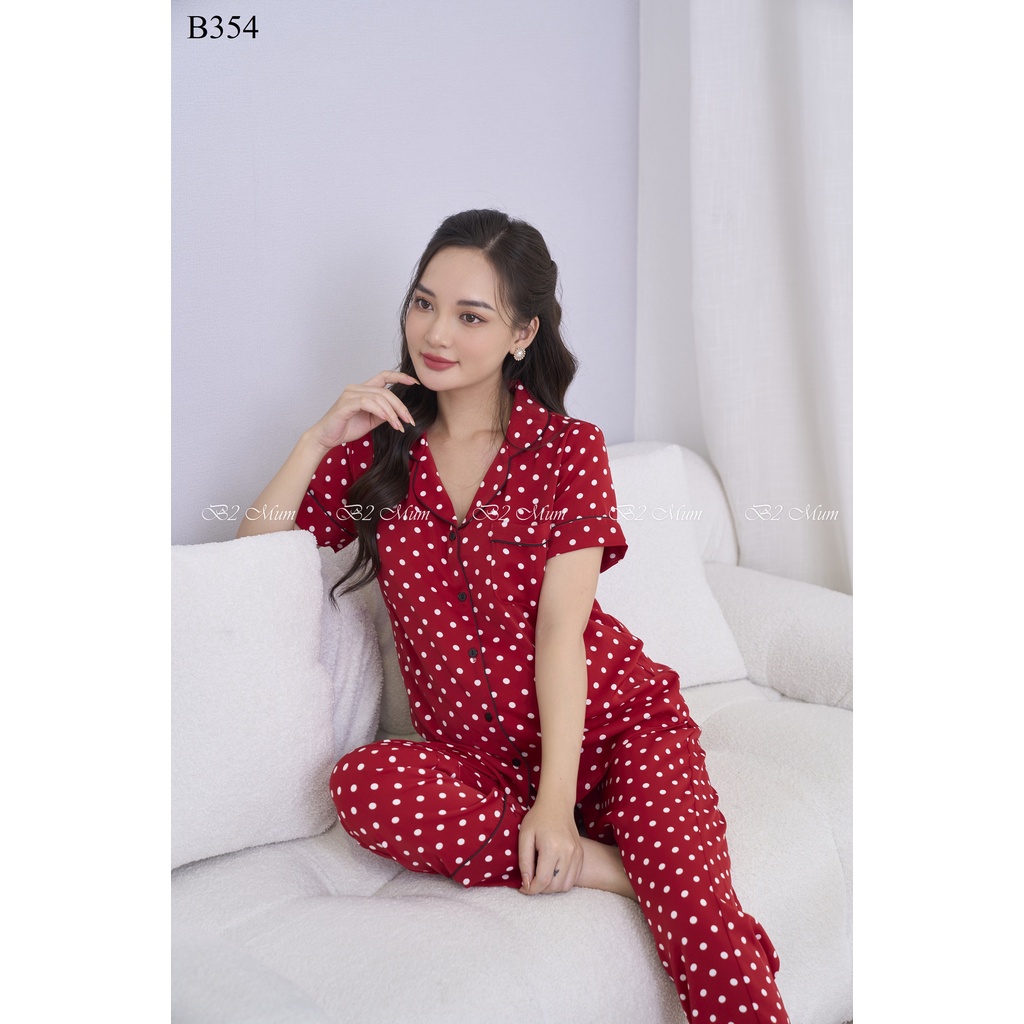 Bộ bầu mặc nhà kiểu pijama áo cộc quần dài lụa hàn sang trọng tinh tế B354 B2 MUM