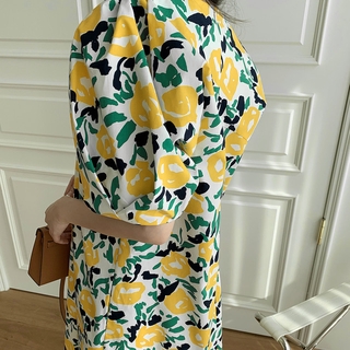 Đầm maxi Dài Dáng Rộng Tay Phồng Cổ Tròn In Họa Tiết Hoa Phong Cách Hàn Quốc Thời Trang Mùa Hè Cho Nữ Mới