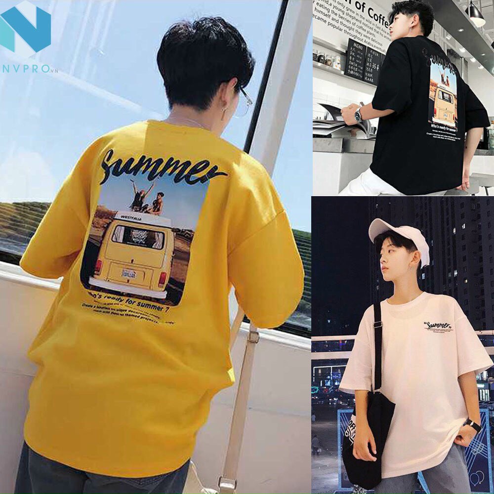 Áo thun unisex nữ tay lỡ dáng rộng vải cotton freesize màu trắng vàng đen - summer