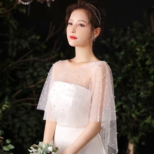 Mya Nữ Sheer Tulle Xếp Ly Khăn Choàng Ngọc Trai Đính Hạt Trắng Capelet Vintage Thấp Shrug Quấn Mũi Cho