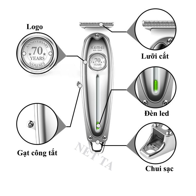Ảnh Tông đơ chấn viền Kemei KM-1949 không dây chuyên nghiệp, có thể khắc tatoo cạo trắng, cạo đầu siêu nhẹ siêu sát 3